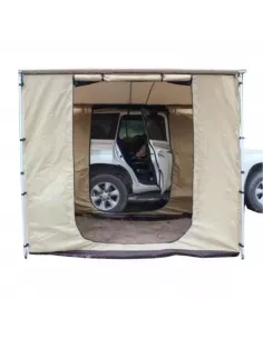 Ambiente chiuso per tendalino con pavimento 2,5 x 2,5 m kaki – accanto al veicolo con finestre aperte | Braguscamp 2