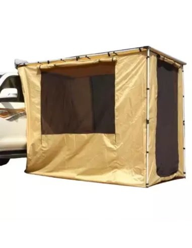 Markisenraum mit Boden 2,5 x 2,5 m khaki – neben dem Fahrzeug aufgebaut, Fenster geöffnet | Braguscamp