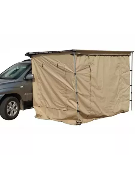Ambiente chiuso per tendalino con pavimento 2,5 x 2,5 m kaki – vista laterale accanto al veicolo | Braguscamp