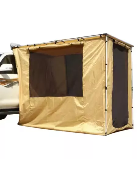 Cerramento para toldo com chão 2 x 2,5 m caqui – junto ao veículo com janelas abertas | Braguscamp