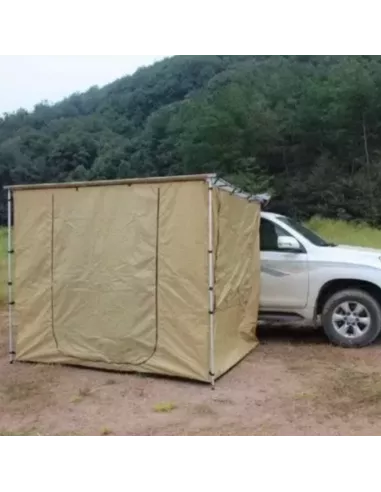 Cerramento para toldo com chão 2 x 2,5 m caqui – no campo junto a um 4x4 | Braguscamp