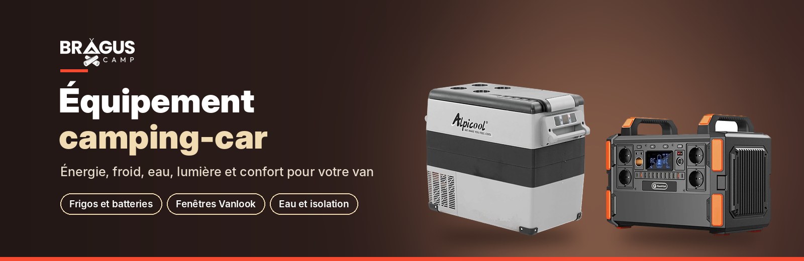 Équipement camping-car Braguscamp : frigo, station d’énergie et fenêtre